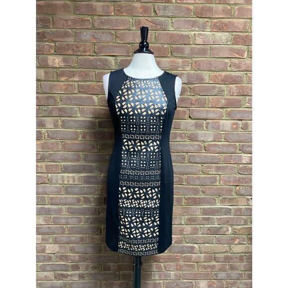 ECI New York Black & Tan Sleeveless W/Faux Leather Panel Front Dress Size 8 NWOT - Picture 2 of 7